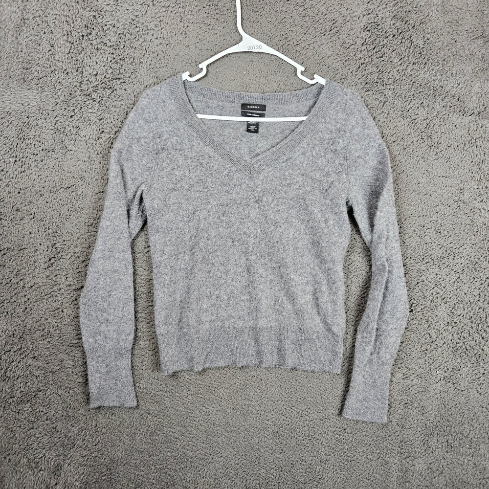 Halogen Womens Small Gray 100% Cashmere V-Neck‎ Long Sleeve Knit Sweater